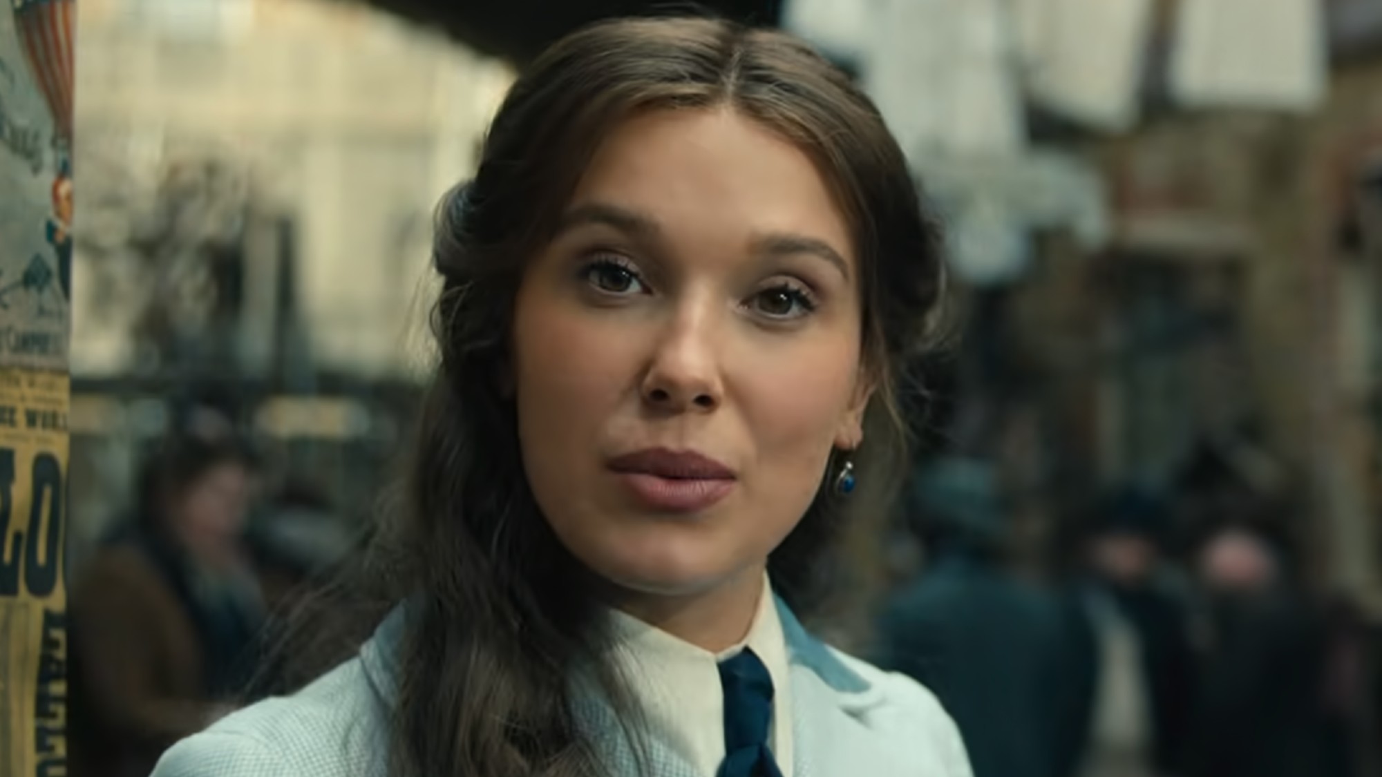 Enola talking to the camera in Enola Holmes 3.