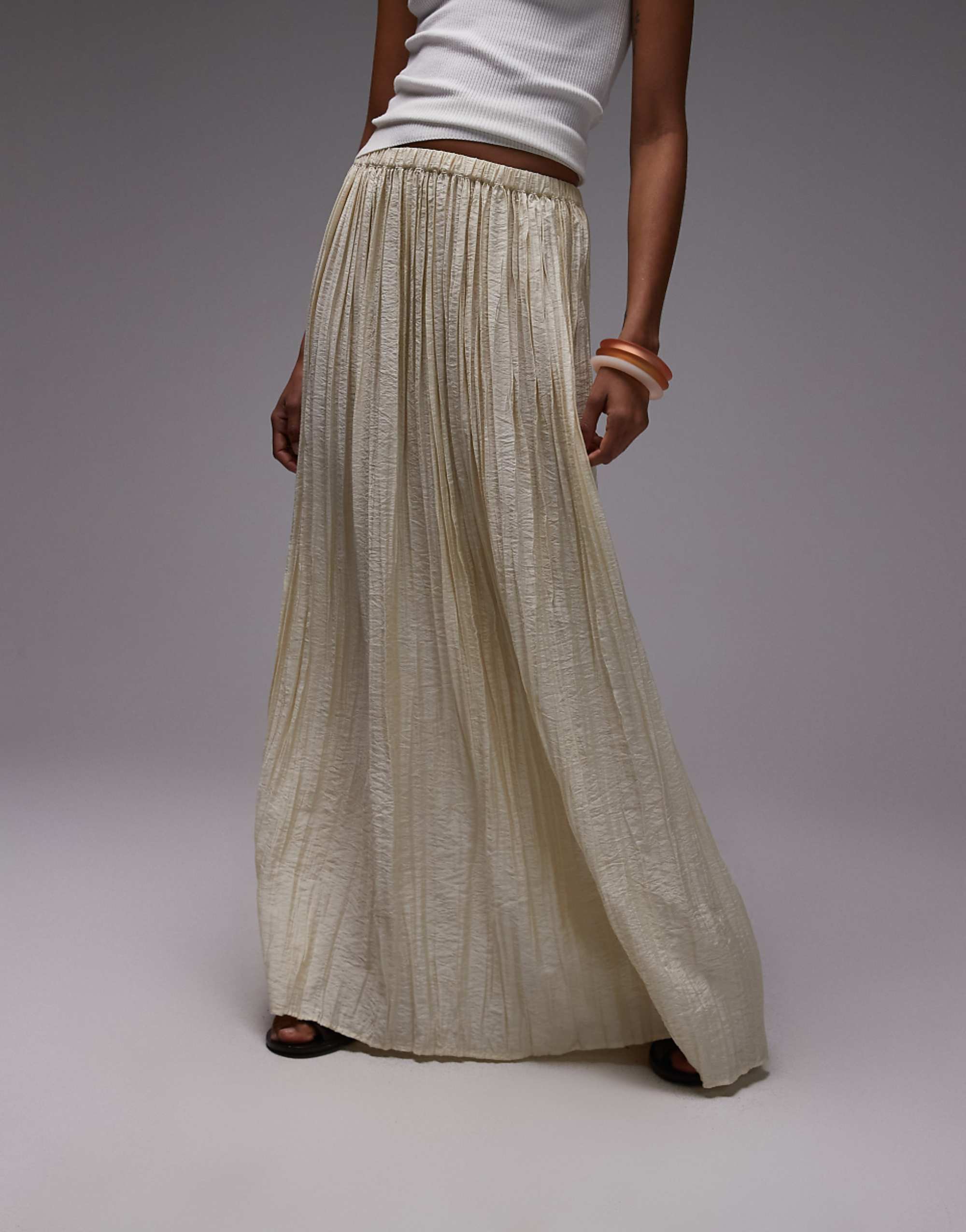 Topshop Shirred Waist Crinkle Full Skirt in Natural
