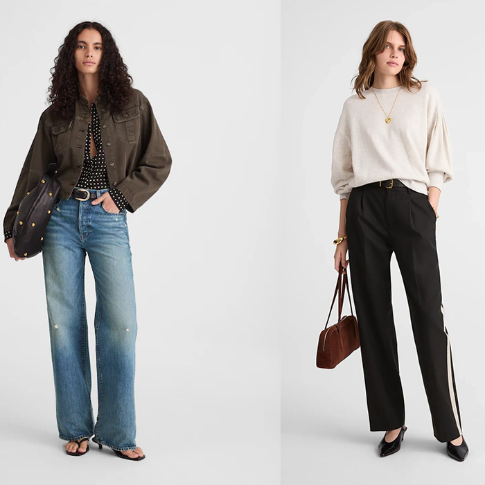 model wears jeans, dotted black shirt, and green jacket another model wears white sweater brown purse, black track pants, and black pointed toe heels, and the last model wears brown suede coat with white shirt on the inside and two-toned paneled pants