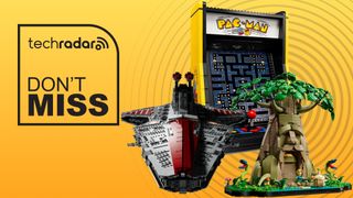 Three Lego figures in front of a yellow background