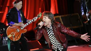 Mick Jagger and Keith Richards of The Rolling Stones perform during a celebration for the release of their new album "Hackney Diamonds"