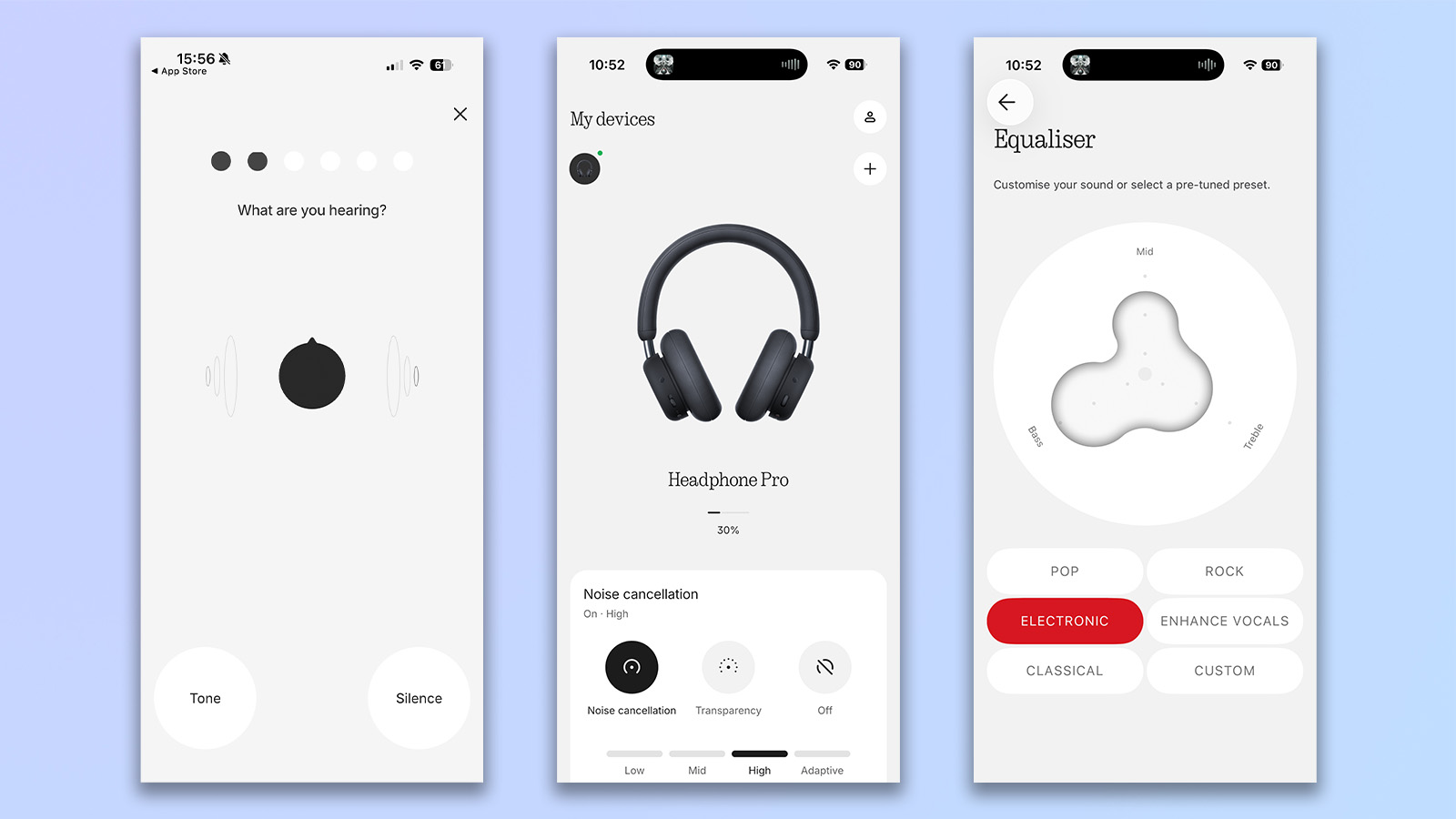three screenshots from the nothing x app showing compatibility and eq with cmf headphone pro