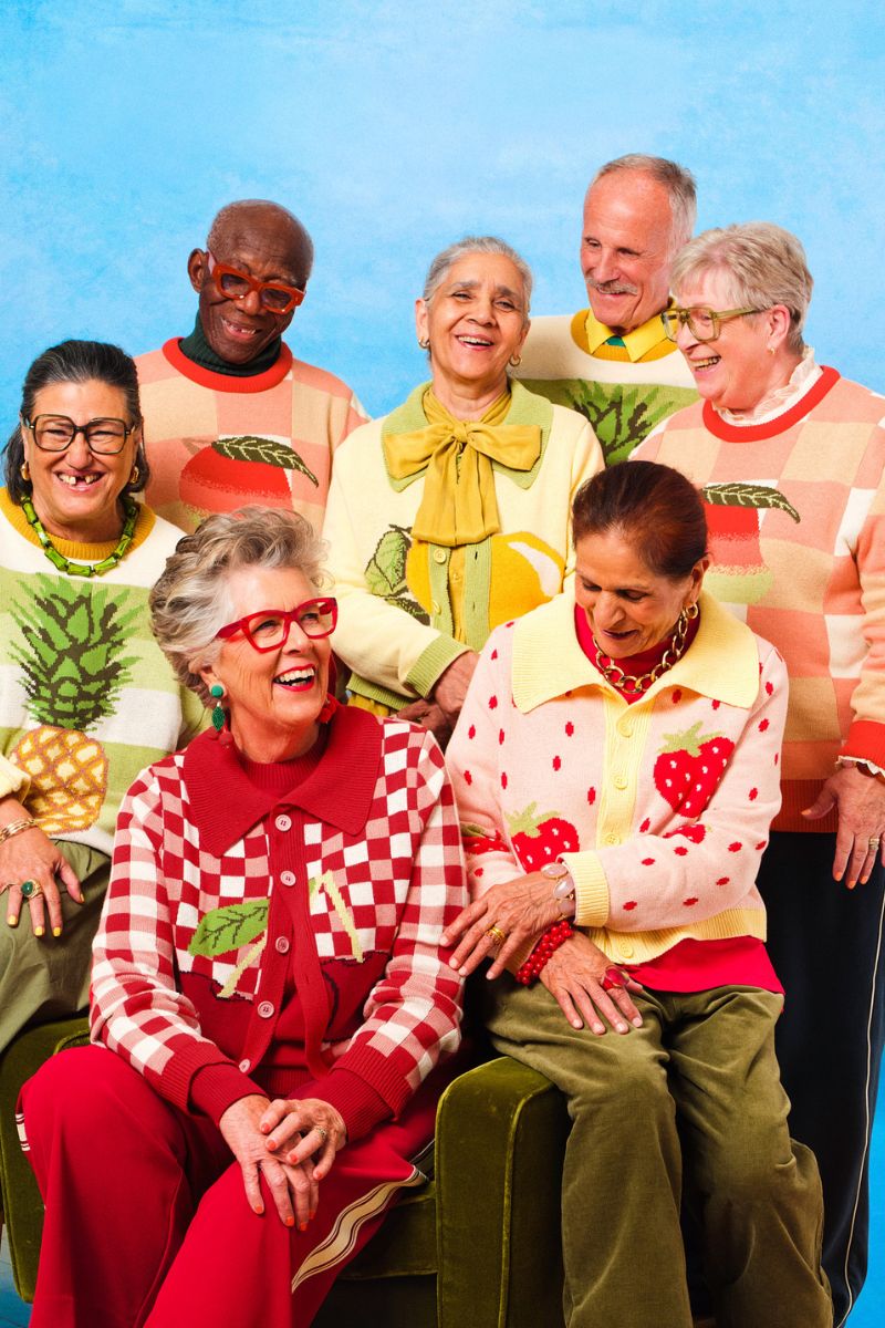 imagery of Prue Leith and knitters in House of Sunny knitwear for the Age UK, Innocent Smoothie campaign