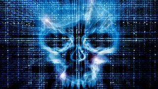 Skull in front of a digital background signifying cyber attacks