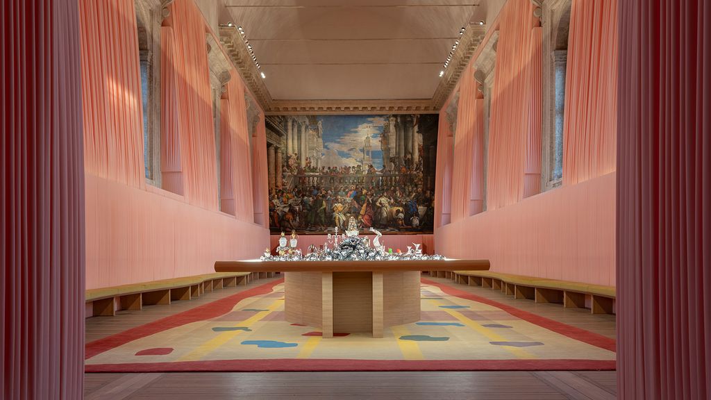 pink room with a large table