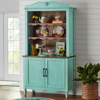 Teal dining hutch, wooden shelves and backing, black handles
