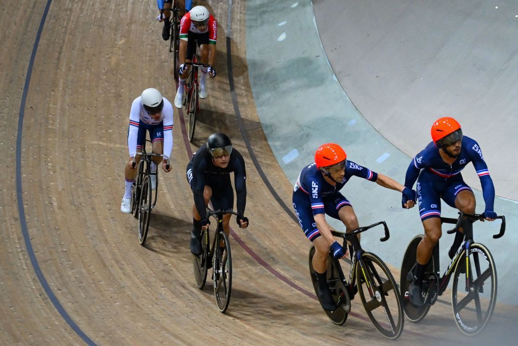 Frances Donavan Grondin and Frances Benjamin Thomas compete in the Mens Madison 50km final during the UCI Track Cycling World Championships at the Velodrome of SaintQuentinenYvelines southwest of Paris on October 16 2022 Photo by AnneChristine POUJOULAT AFP Photo by ANNECHRISTINE POUJOULATAFP via Getty Images
