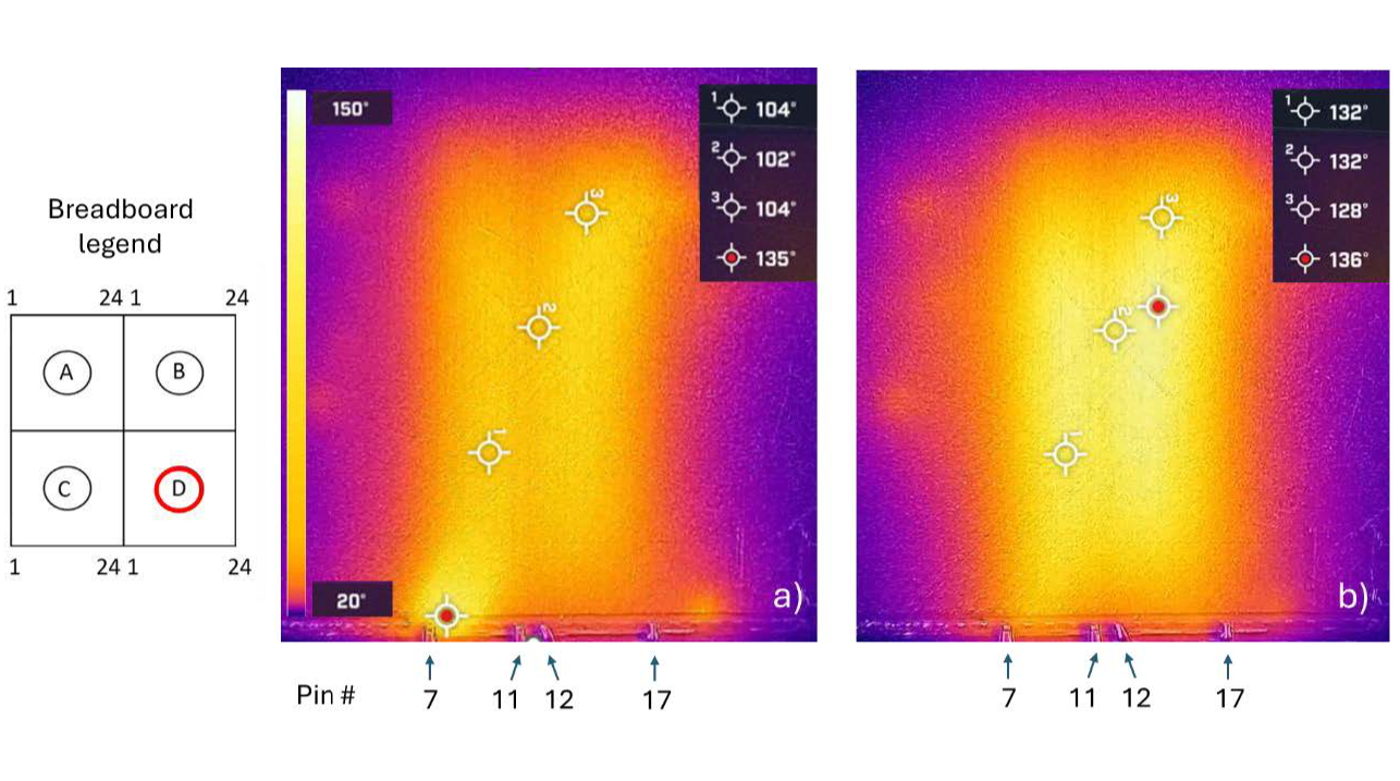 two side-by-side thermal images showing the result of a self-healing material's repair process. both images are yellow-orange in the middle, with purple bars on the left and right