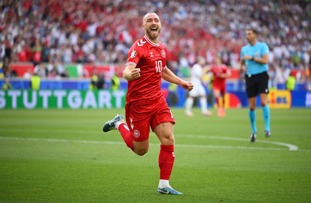 Denmark Euro 2024 squad Christian Eriksen of Denmark celebrates scoring his team&#039;s first goal during the UEFA EURO 2024 group stage match between Slovenia and Denmark at Stuttgart Arena on June 16, 2024 in Stuttgart, Germany. (Photo by Clive Mason/Getty Images)