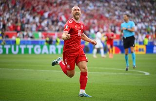 Denmark Euro 2024 squad Christian Eriksen of Denmark celebrates scoring his team's first goal during the UEFA EURO 2024 group stage match between Slovenia and Denmark at Stuttgart Arena on June 16, 2024 in Stuttgart, Germany. (Photo by Clive Mason/Getty Images)