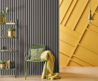 narrow vertical grey wall panelling on one wall, yellow diagonal strip wood panelling on wall behind