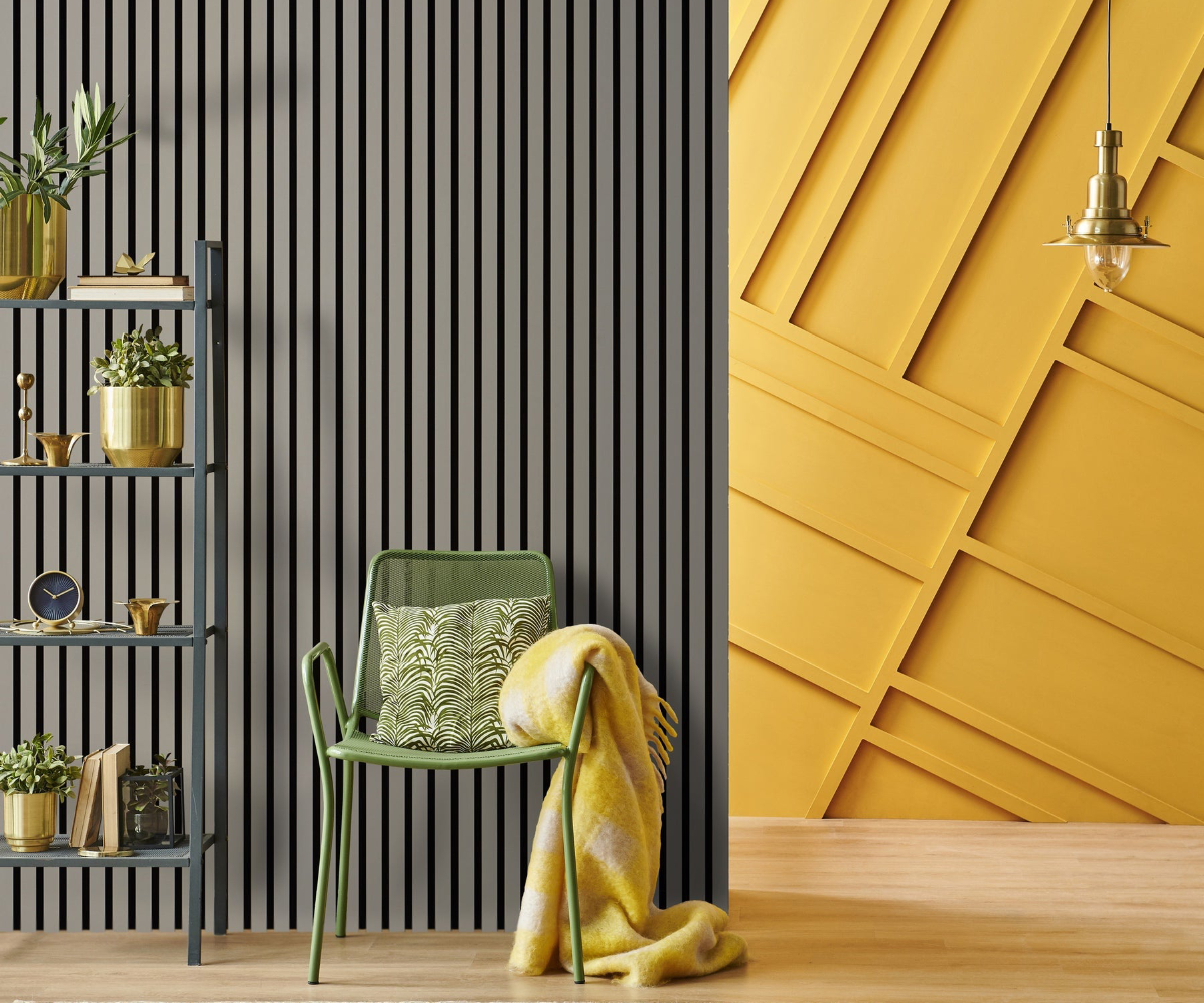 narrow vertical grey wall panelling on one wall, yellow diagonal strip wood panelling on wall behind