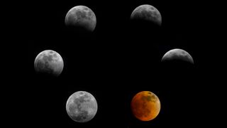 A composite image showing six full moons in a circle, with each displaying a phase of the eclipse with the bottom right one being bright orange