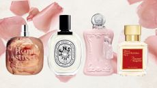 A collage of wedding/occasion-ready perfumes from Floral Street, Diptyque, Parfums de Marly and Maison Francis Kurkdjian, all featured on a cream template with pink rose petals.