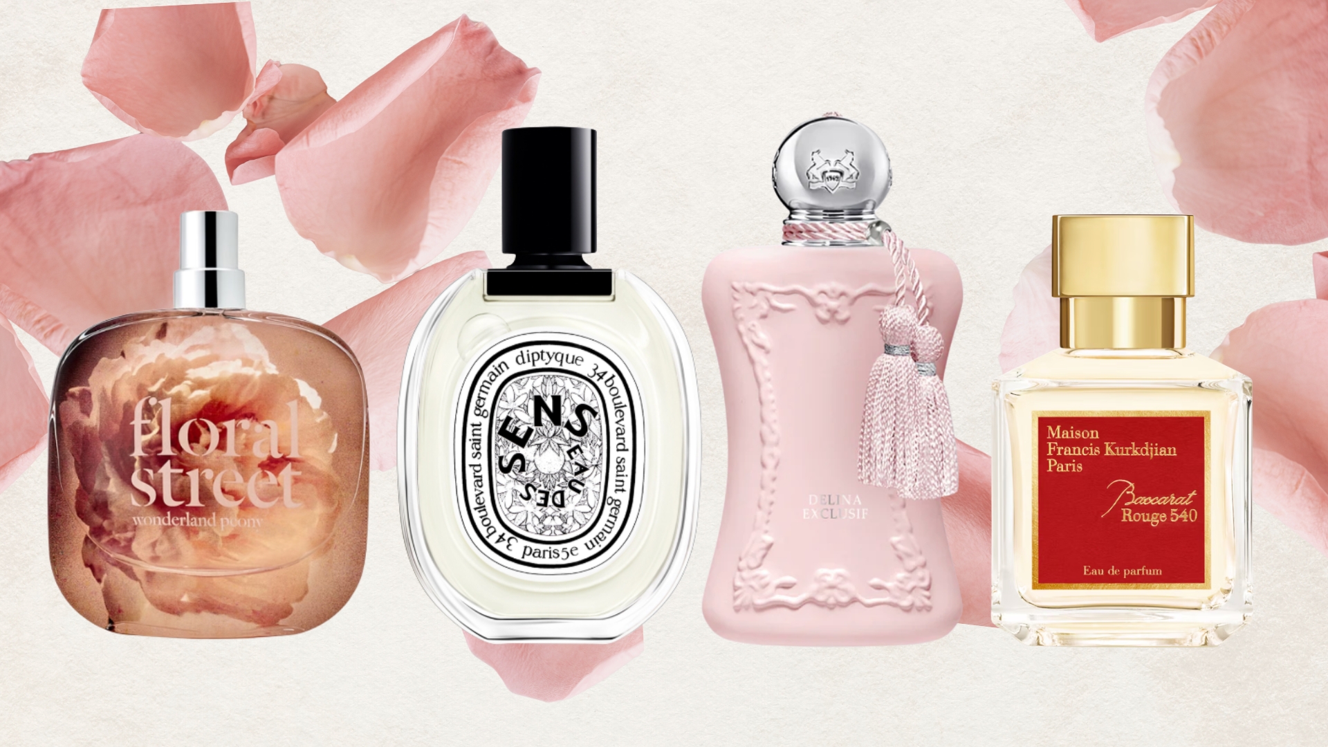 A collage of wedding/occasion-ready perfumes from Floral Street, Diptyque, Parfums de Marly and Maison Francis Kurkdjian, all featured on a cream template with pink rose petals.