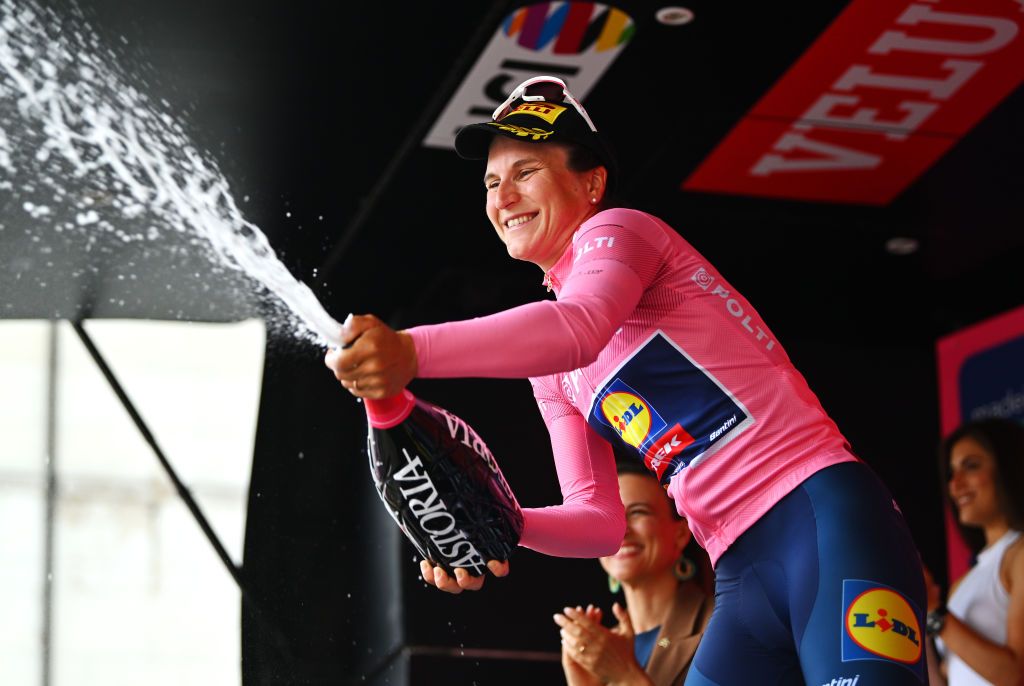 Elisa Longo Borghini wears the maglia rosa after winning the stage 1 time trial at the Giro d&#039;Italia Women