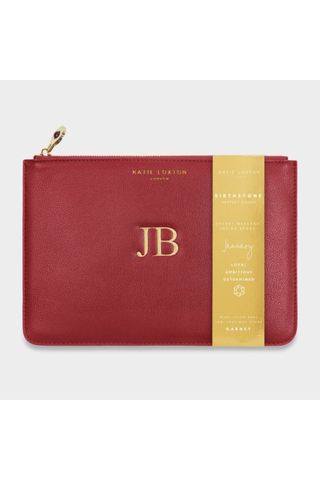 valentine's gifts for her - red leather pouch with jb initials embroidered on