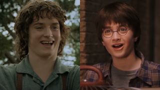 From left to right: screenshots of Elijah Wood as Frodo in Fellowship of the Ring smiling and Daniel Radcliffe as Harry Potter in the first film.