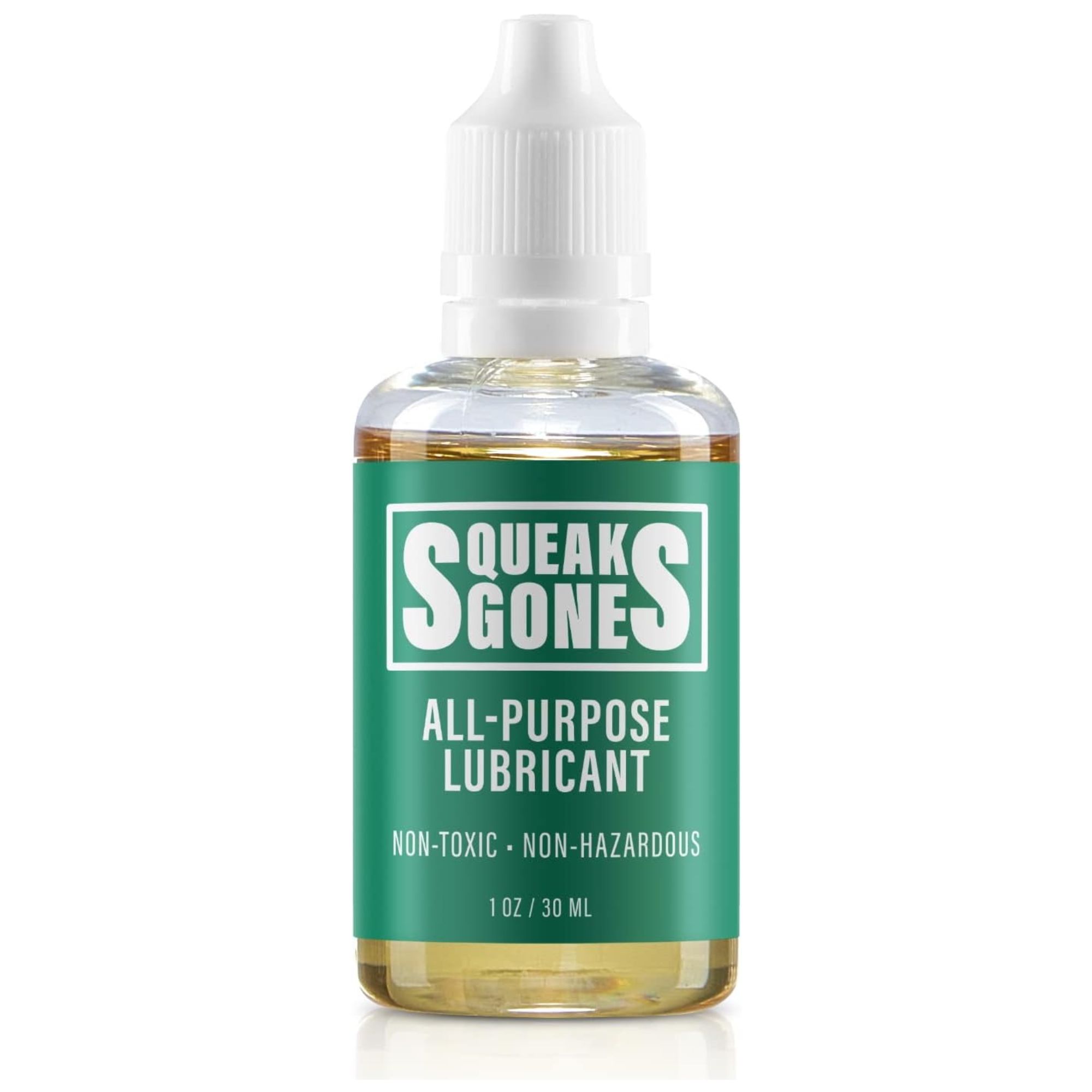 A clear bottle of Squeaks gone all-purpose lubricant with a green label with white text