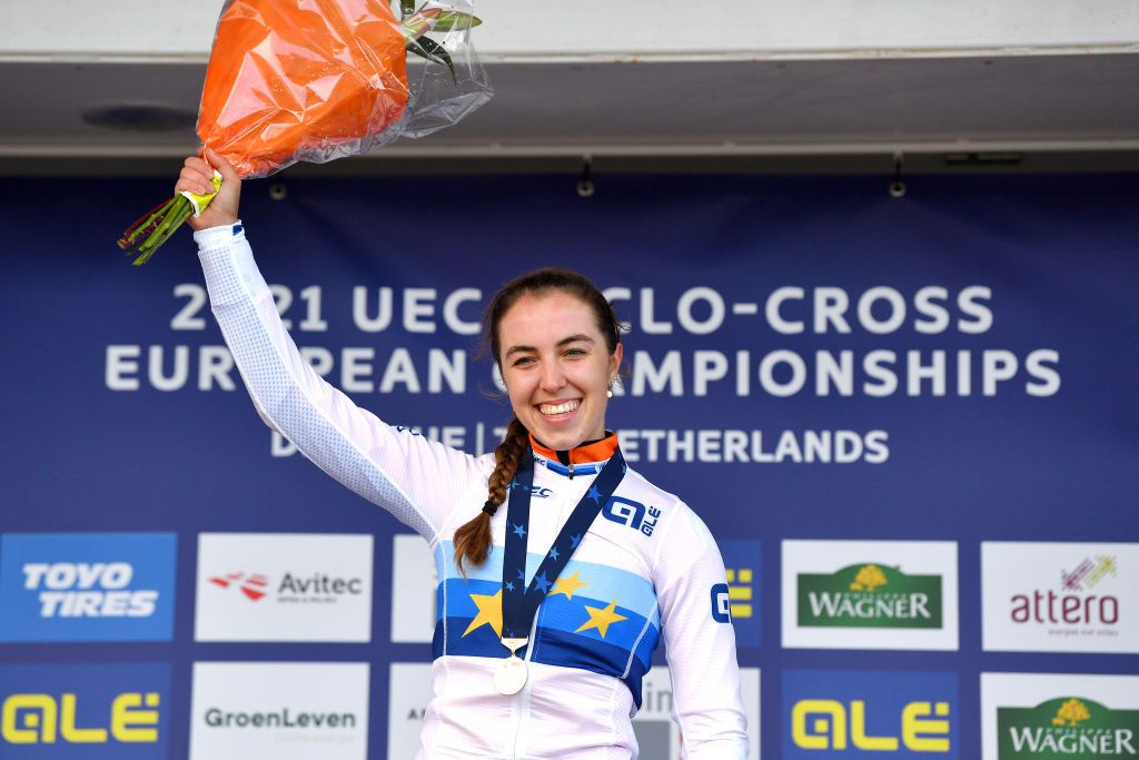 COL DU VAM DRENTHE NETHERLANDS NOVEMBER 07 Gold medalist Shirin Van Anrooij of Netherlands poses on the podium during the medal ceremony after the 19th UEC European Cyclocross Championships 2021 Womens U23 EuroCross21 UECcycling on November 07 2021 in Col du Vam Drenthe Netherlands Photo by Luc ClaessenGetty Images