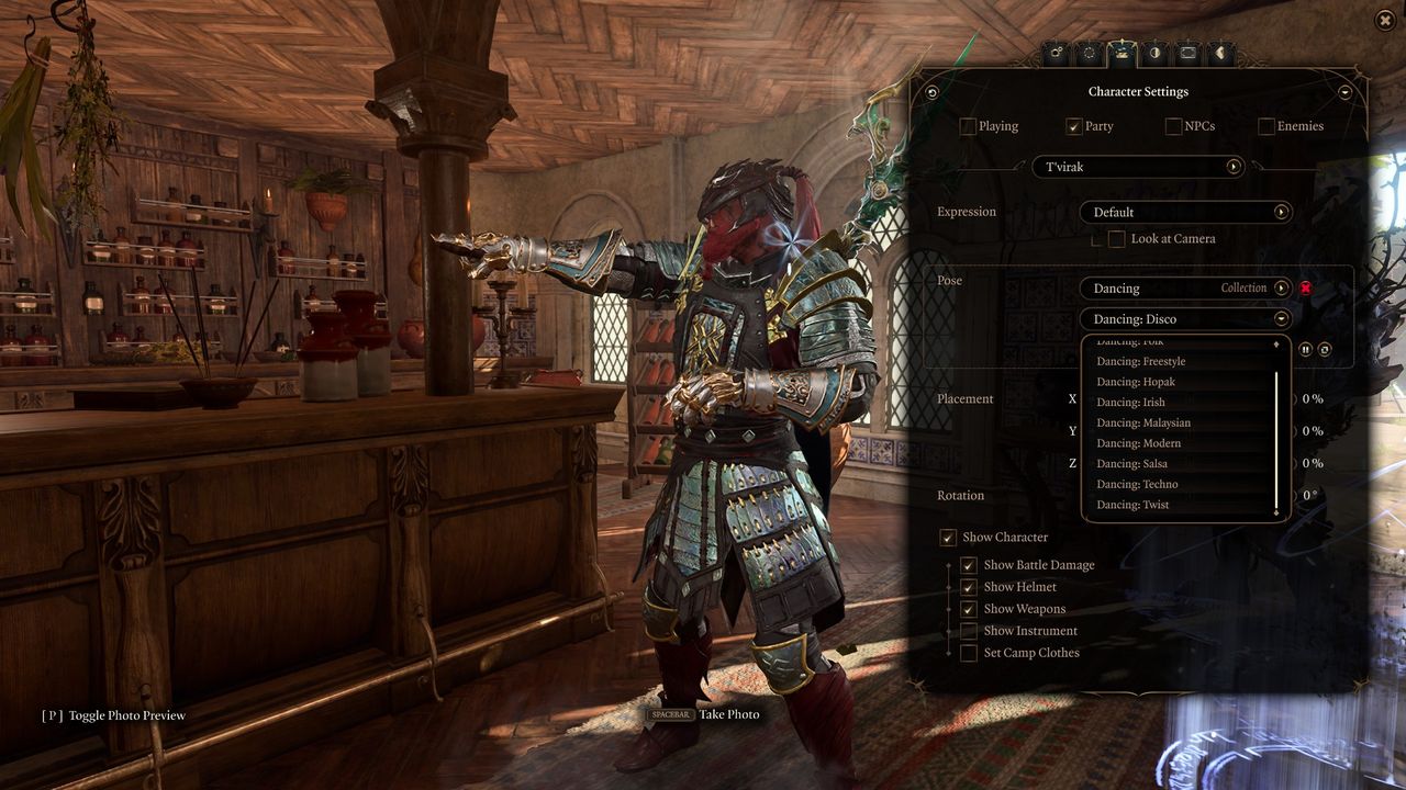Assorted examples of the photo mode in Baldur's Gate 3, including sitting poses for cute animals, a waving ghoul, and dances.