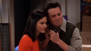 Monica and Chandler hug in Friends