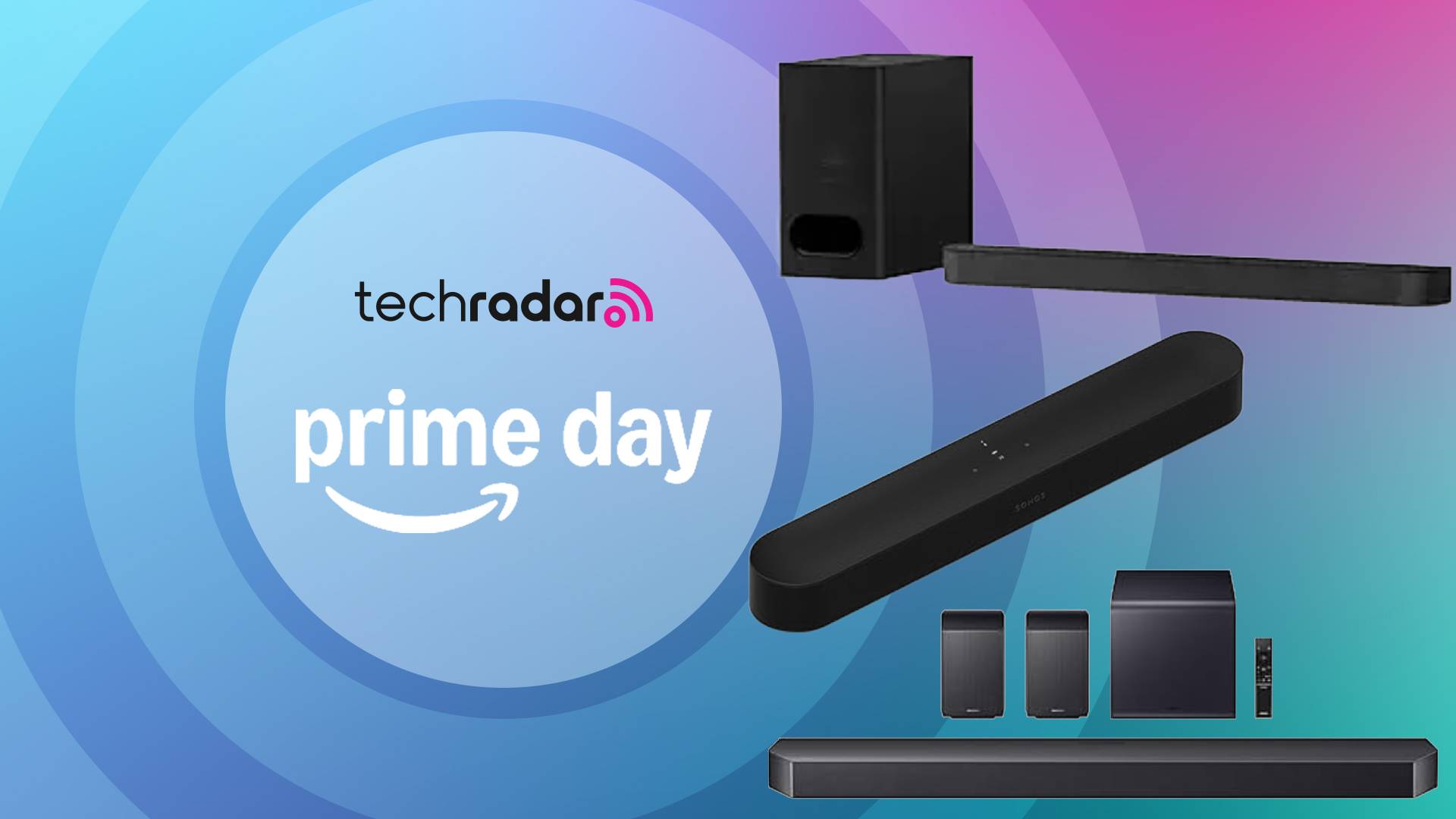 Samsung HW-Q990F, Sonos Beam Gen 2, and Sony Bravia Theater Bar 6 on multi-colored background with the words &#039;TechRadar: prime day&#039; on the left side of the image