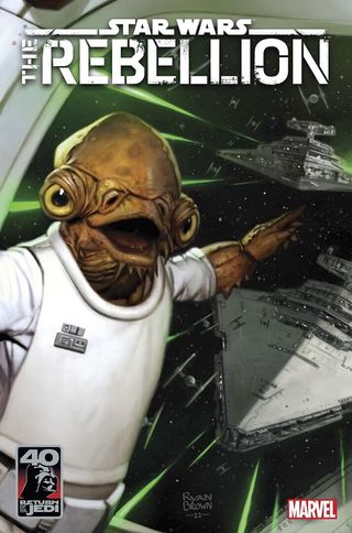 Admiral Ackbar points out a starship window at a fleet of Imperial ships