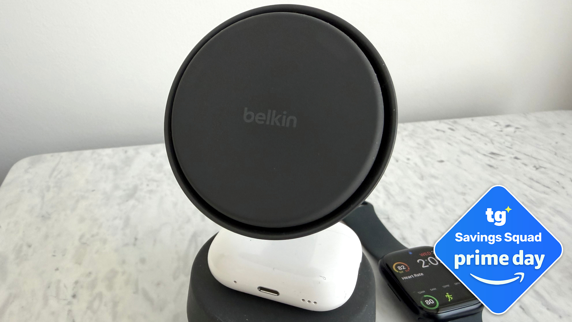 Belkin iPhone charger on nightstand