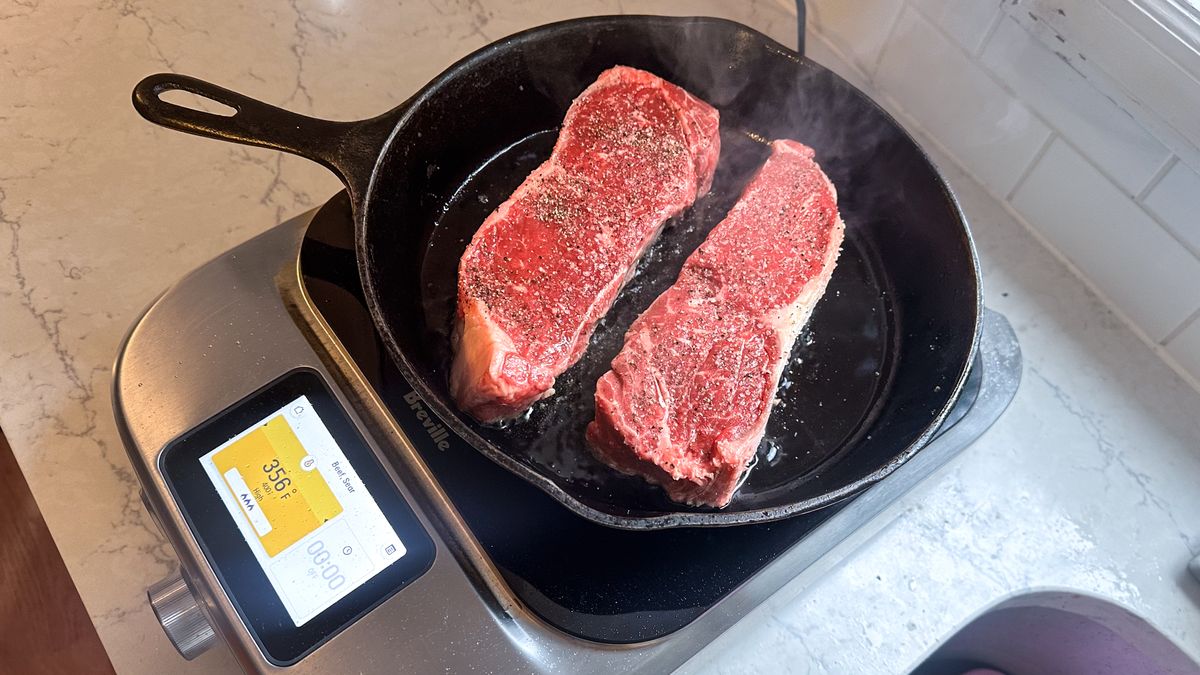 cooking steaks in the Breville Control Freak induction cooktop