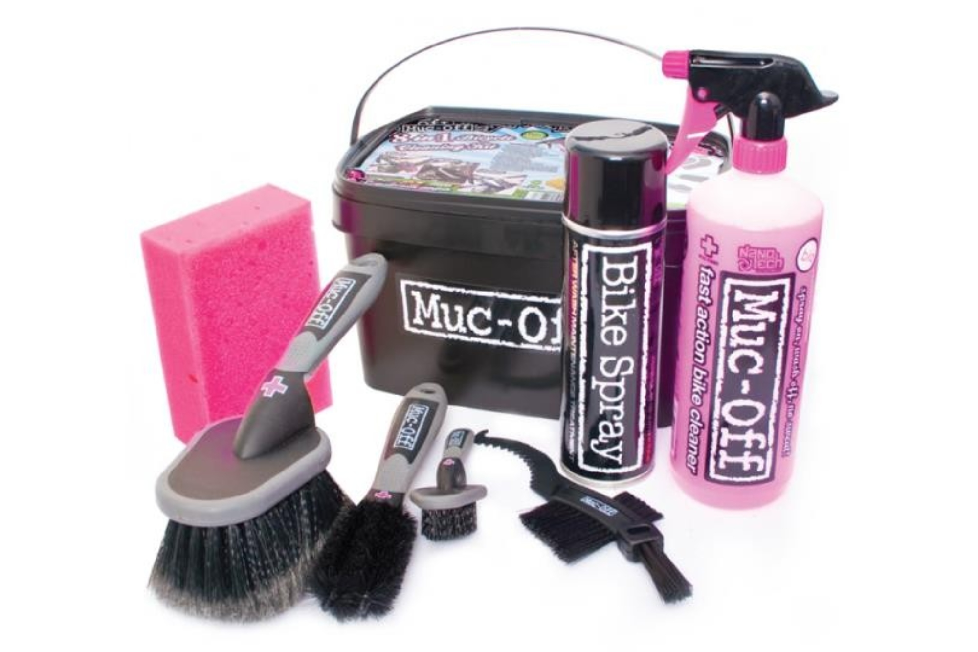 8 in 1 Muc Off cleaning kit items all out on display