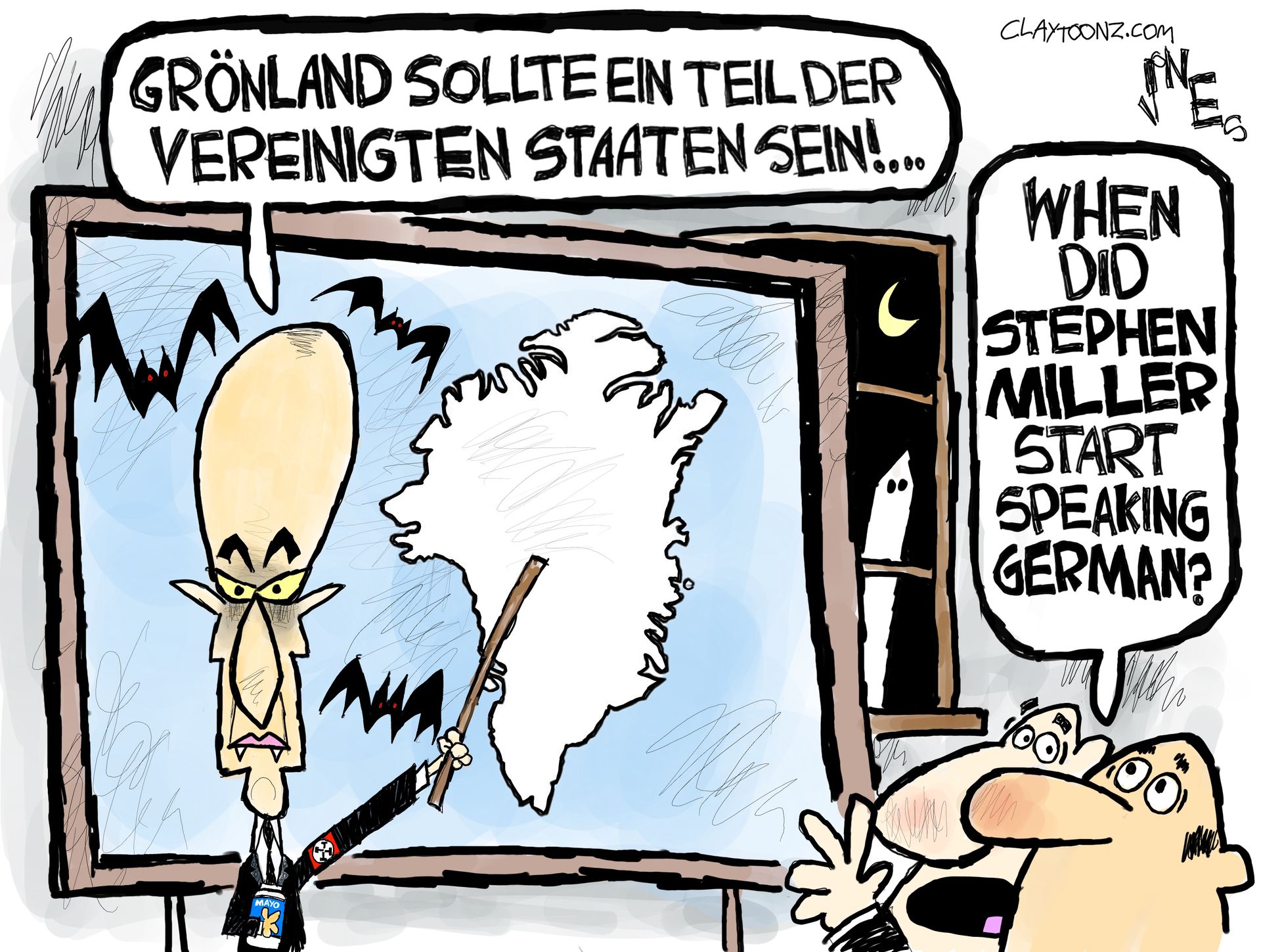 
                                This cartoon takes place in a Washington DC office. Stephen Miller points at Greenland on a map and says, “Gronland sollte ein teil der vereinigten staaten sein!” Miller has two sharp fans and is surrounded by bats. Two men watch the presentation and one says, “When did Stephen Miller start speaking German?”
                            