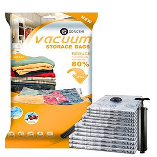 Stacked Vacuum Storage Bags on the right from large to small, a black hand pump and the orange outside plastic packet with a black Gong hi logo of a house and the title of the product in orange