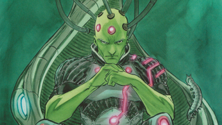 DC Comics artwork of Brainiac hooked up to a machine through his head