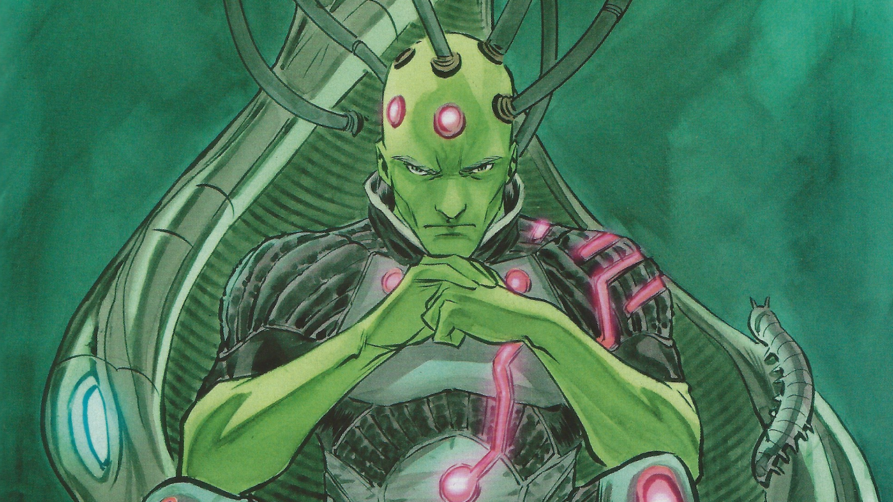 DC Comics artwork of Brainiac hooked up to a machine through his head