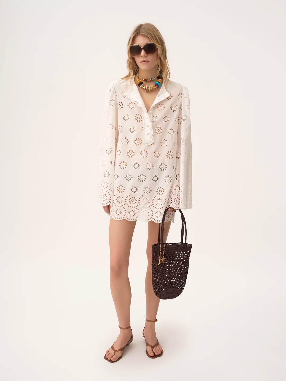 Long-Sleeve Mini Dress in Cotton Voile