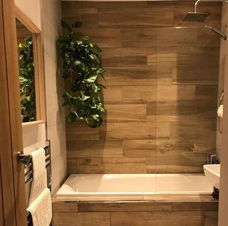 Simple bathroom with wood shower surround