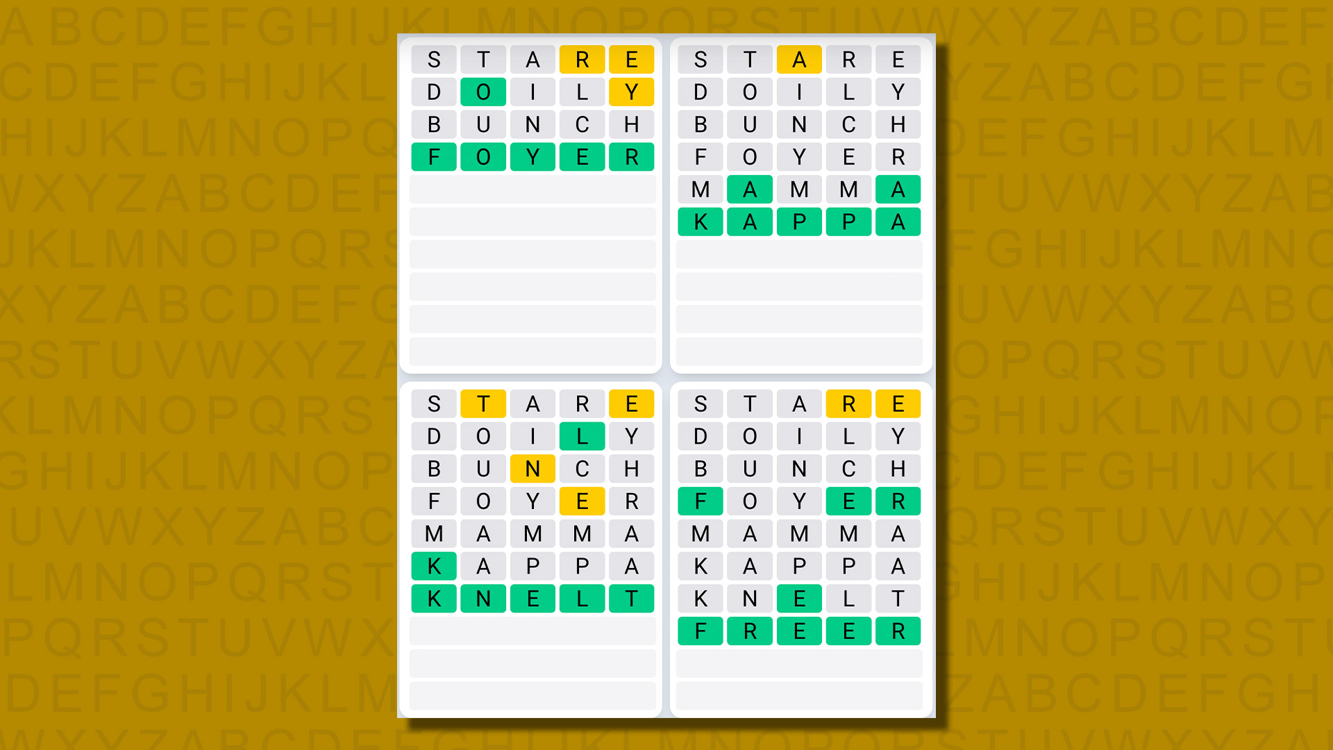 Ежедневная последовательность ответов Quordle для игры 664 на желтом фоне