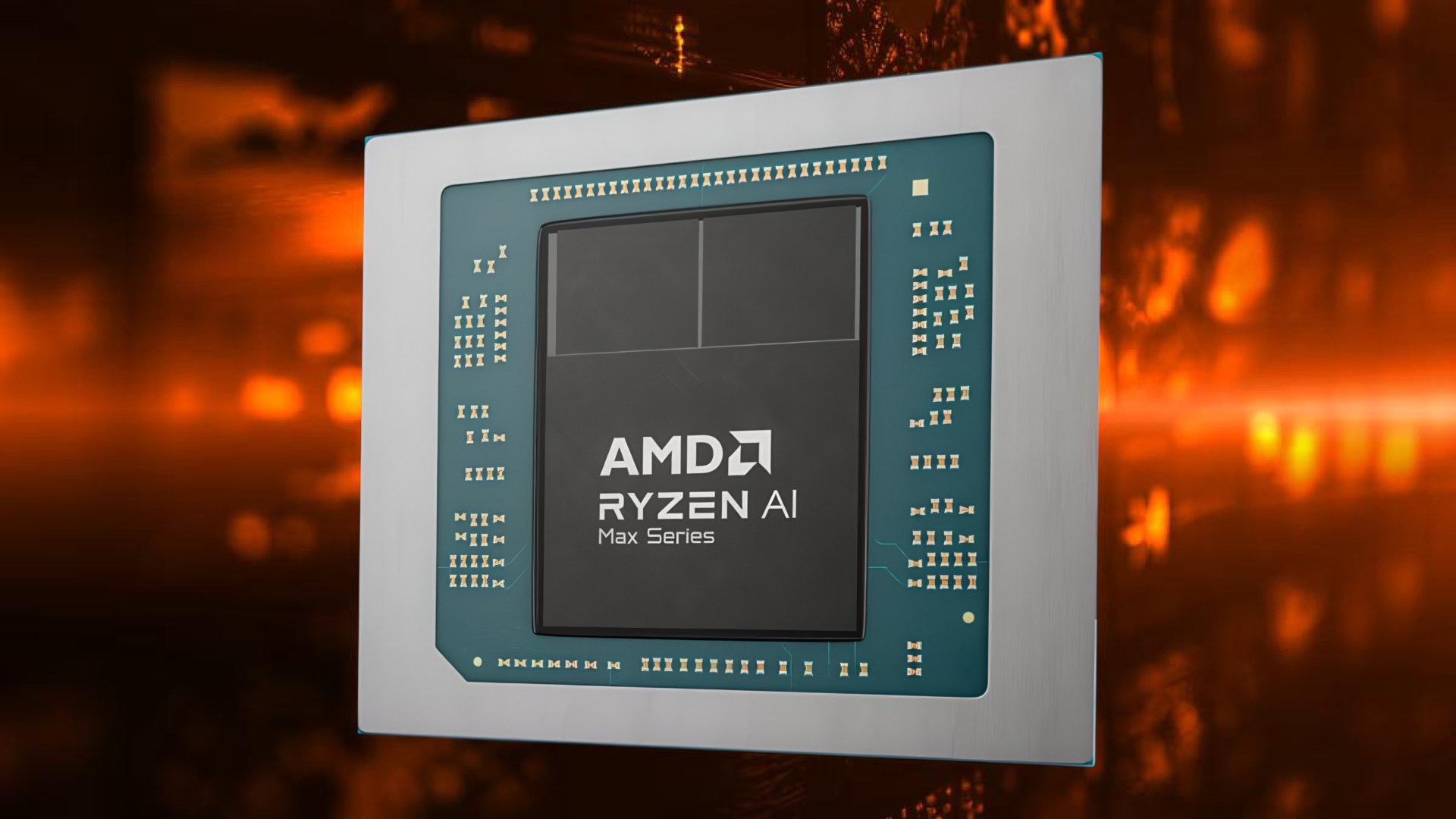 A generic image of an AMD Ryzen AI Max processor, against an abstract orange-coloured background.