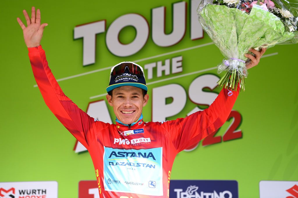 LIENZ AUSTRIA APRIL 21 Miguel ngel Lpez Moreno of Colombia and Team Astana Qazaqstan celebrates winning the red intermediate sprint jersey on the podium ceremony after the 45th Tour of the Alps 2022 Stage 4 a 1424km stage from Villabassa to Kals am Grossglockner 1336m TouroftheAlps on April 21 2022 in Lienz Austria Photo by Tim de WaeleGetty Images