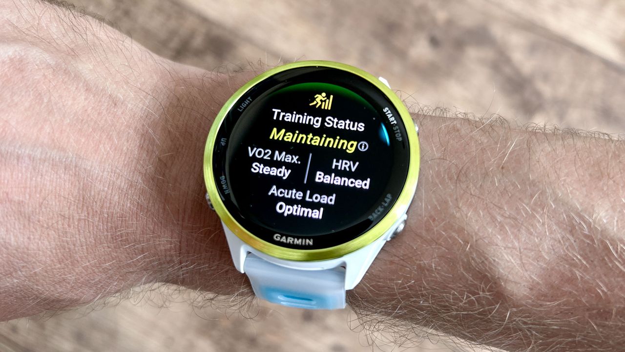 Garmin Forerunner 570 on a person's wrist showing the Training Status feature
