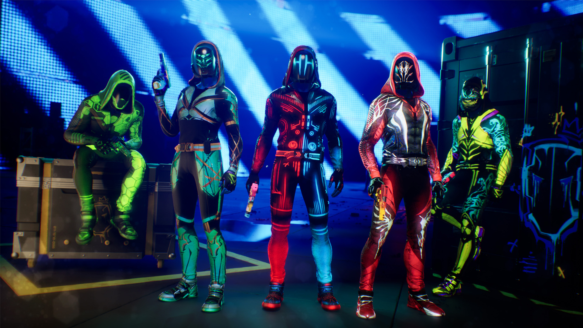 A lineup of Blindfire characters in colourful outfits.