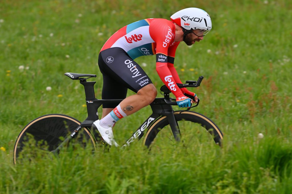 ORON SWITZERLAND APRIL 26 Thomas De Gendt of Belgium and Team Lotto Dstny sprints during the 77th Tour De Romandie 2024 Stage 3 a 155km individual time trial from Oron to Oron UCIWT on April 26 2024 in Oron Switzerland Photo by Luc ClaessenGetty Images