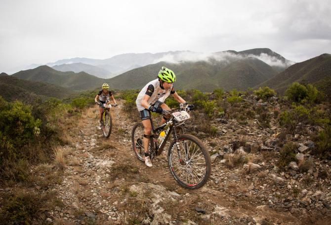 Sally Bignam (R) and Esthur Suss (L) en route to a stage victory and the overall women's lead in Cape Epic stage 1