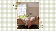 A cottagecore style bedroom on a gingham print background