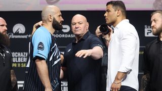 Opponents Azamat Murzakanov of Russia and Paulo Costa of Brazil face off during the UFC 327 press conference at Kaseya Center