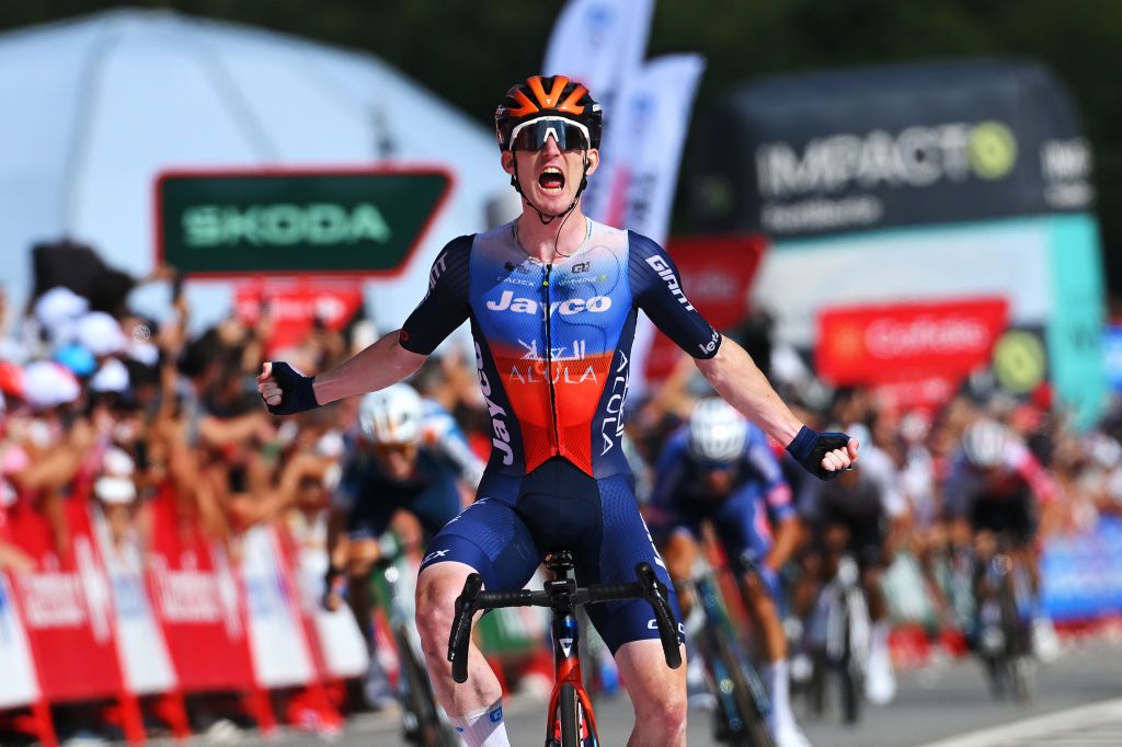 PADRON SPAIN AUGUST 28 EDITORS NOTE Alternate crop Eddie Dunbar of Ireland and Team Jayco AlUla celebrates at finish line as stage winner during the La Vuelta 79th Tour of Spain 2024 Day 11 a 1665km stage from Padron to Padron UCIWT on August 28 2024 in Padron Spain Photo by Tim de WaeleGetty Images