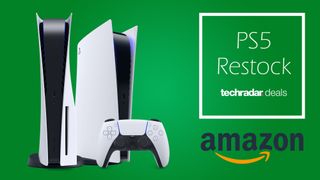 PS5 restock header image with PS5 console on green background next to Amazon logo