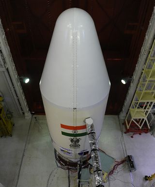 A protective nose cone covers the satellites launch on India's 100th space mission in September 2012. The mission launched Sept. 9.