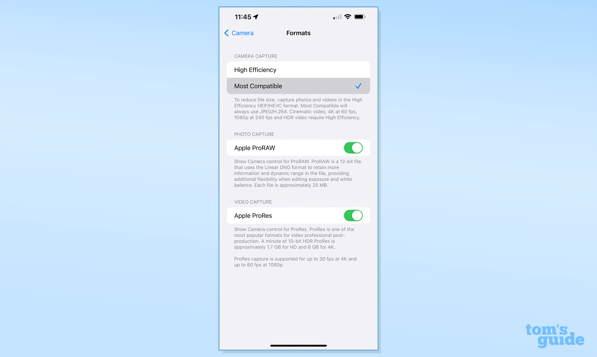 Uma captura de tela do menu iOS Camera Formats, com as opções High Efficiency/Most Compatible na parte superior da tela